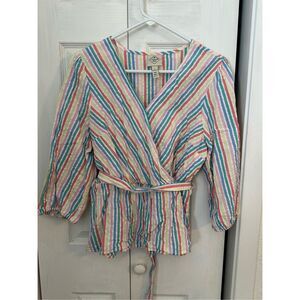 St. John's Bay Women's Stripe Tie Waist Balloon Sleeve Blouse Petite Large